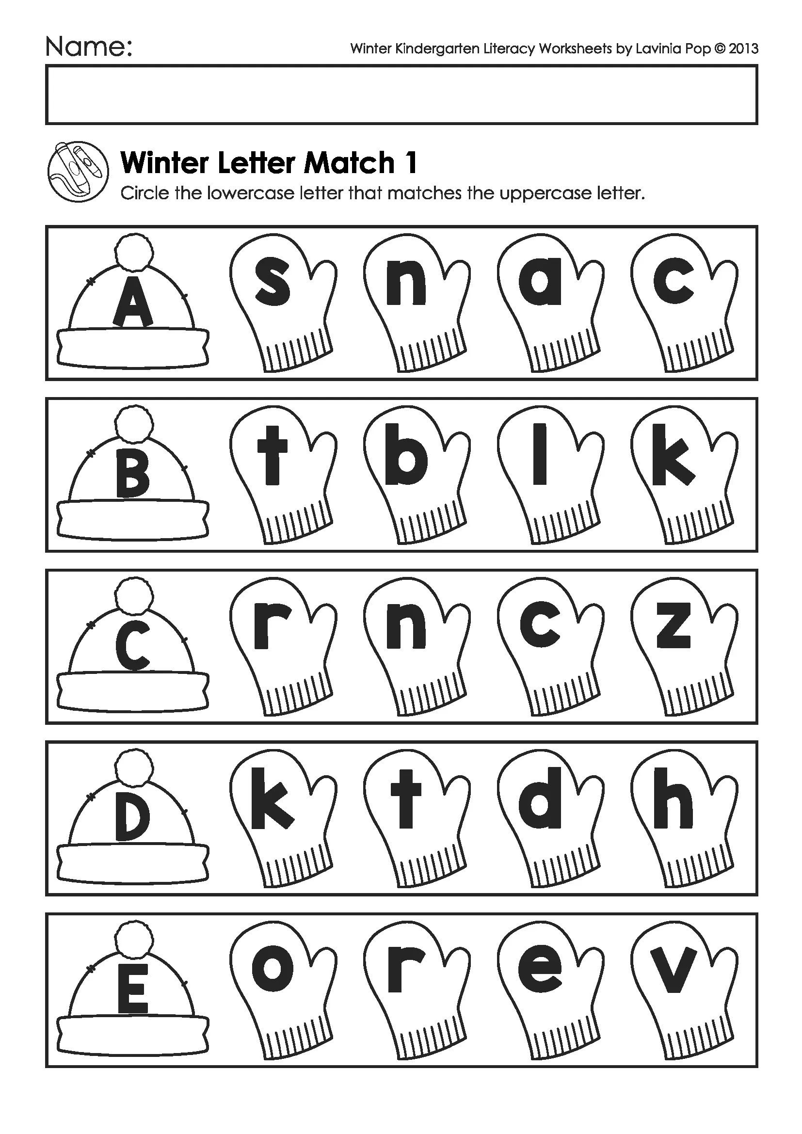 Winter Letter Match Upper and Lowercase – Alphabet Practice (Free) Winter Kindergarten Literacy Worksheets letter matching activity connecting uppercase letters to lowercase letters using winter visuals.