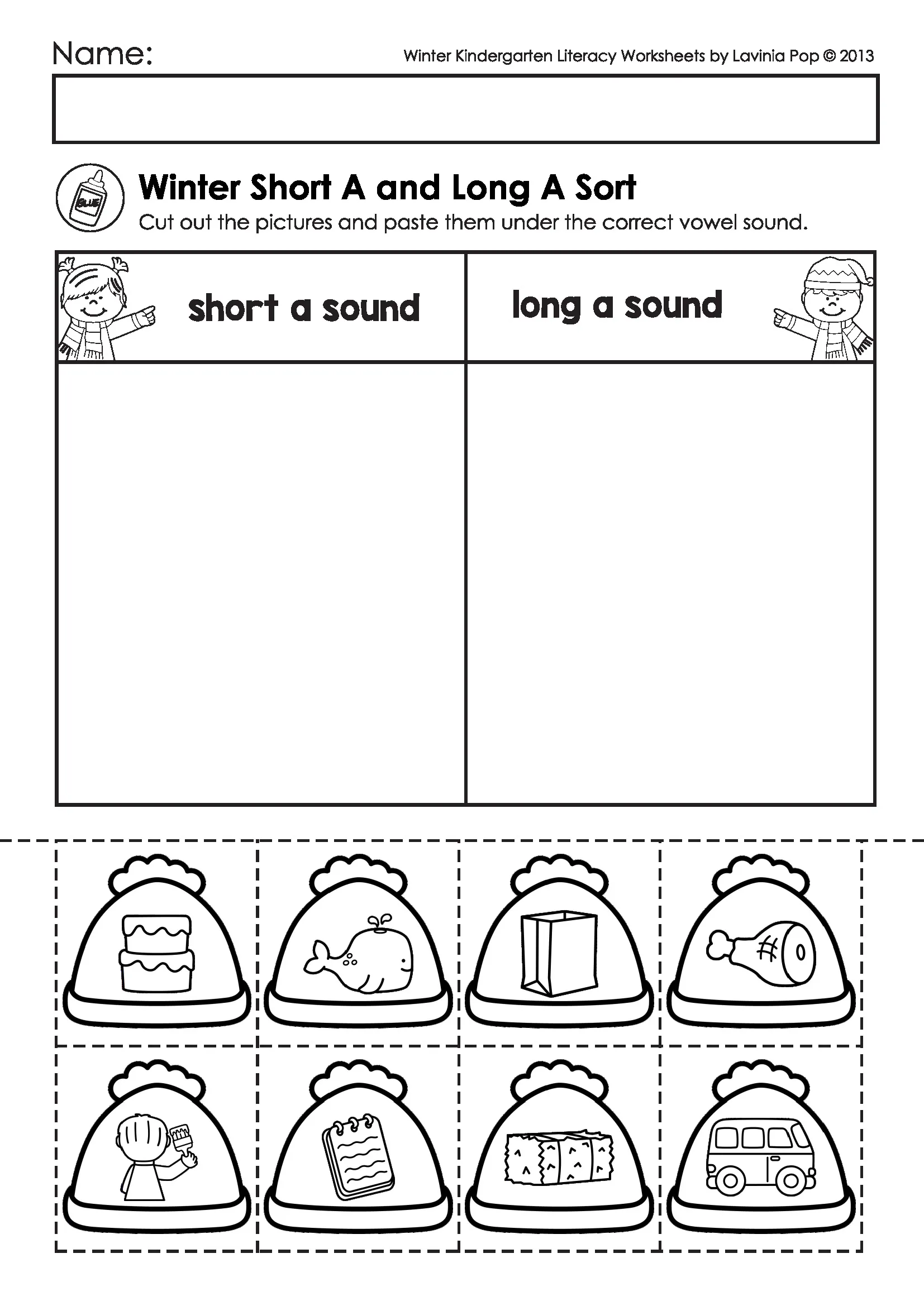 Winter Short A and Long A Sort – Phonics Worksheet (Free) Winter Kindergarten Literacy Worksheets short a and long a vowel sort with cut and paste winter picture cards.