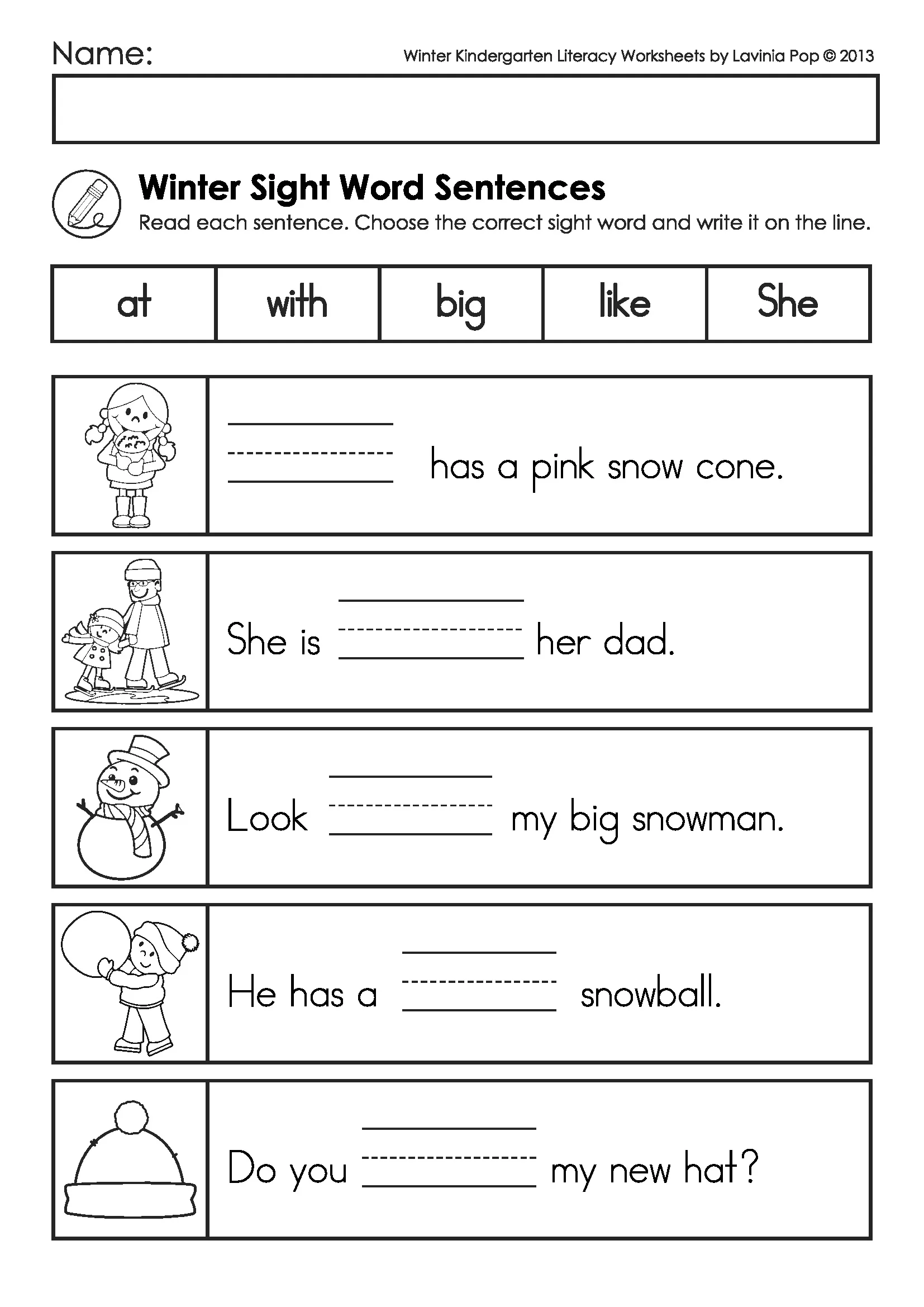 Winter Sight Word Sentences – Fill in the Blank (Free) Winter Kindergarten Literacy Worksheets sight word sentences activity with picture clues and sentence completion practice.