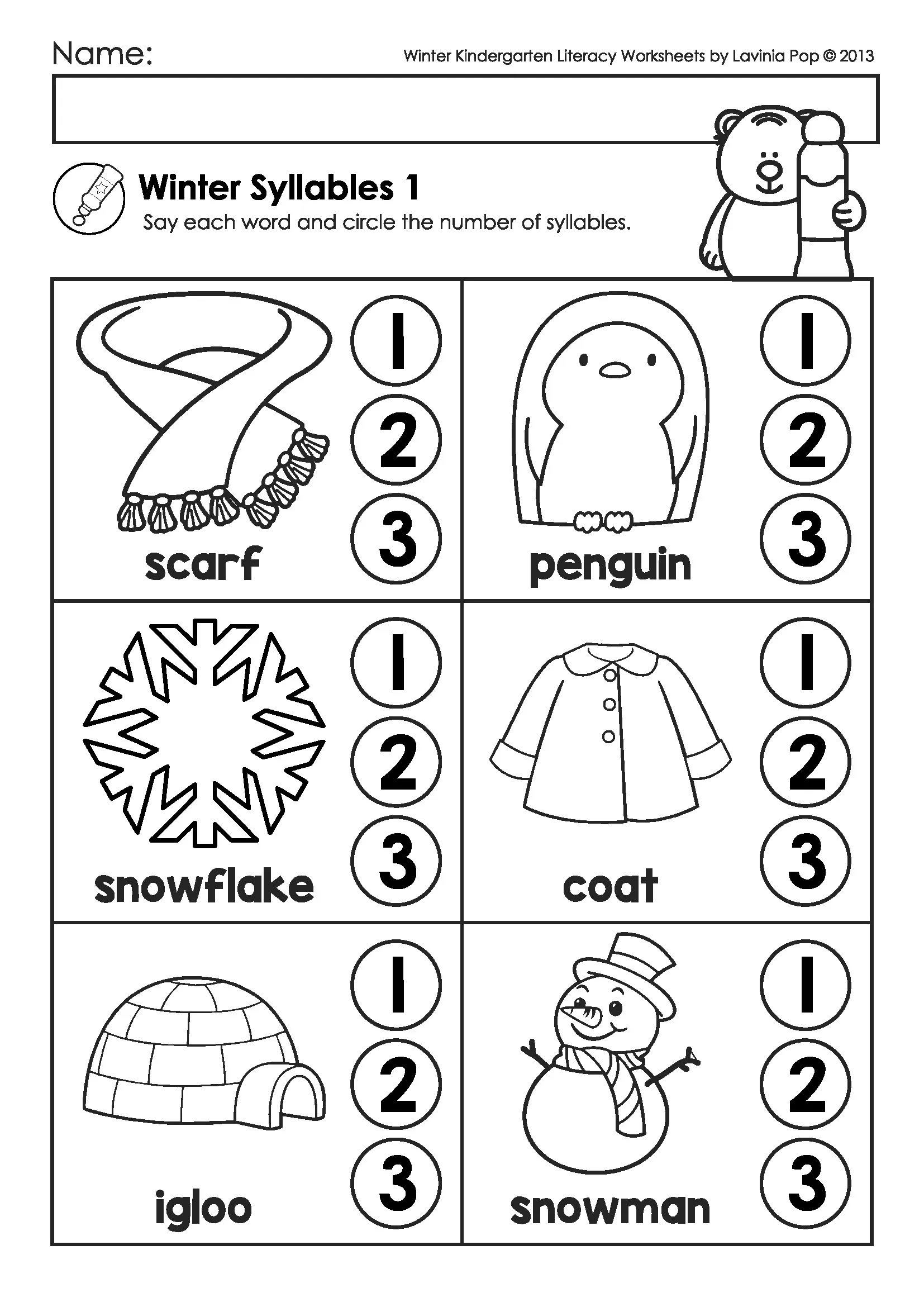 Winter Syllables Counting – Kindergarten Phonics (Free) Winter Kindergarten Literacy Worksheets syllables activity where students count syllables in winter themed words.