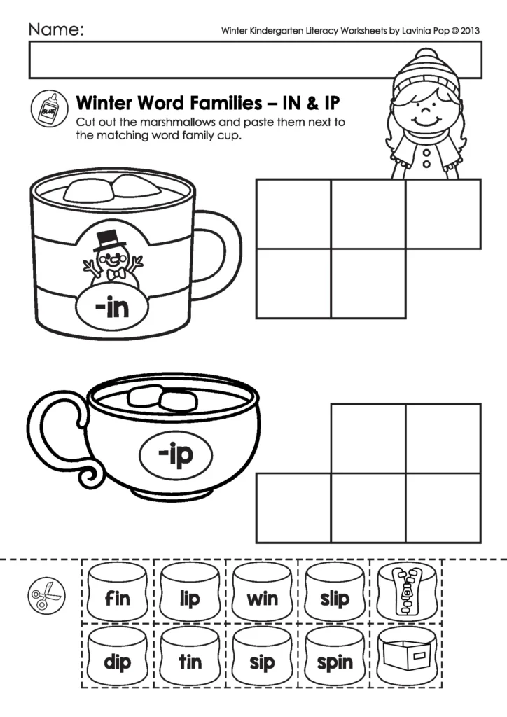 Winter Kindergarten Literacy Worksheets word families worksheet focusing on IN and IP CVC words with cut and paste activities.
