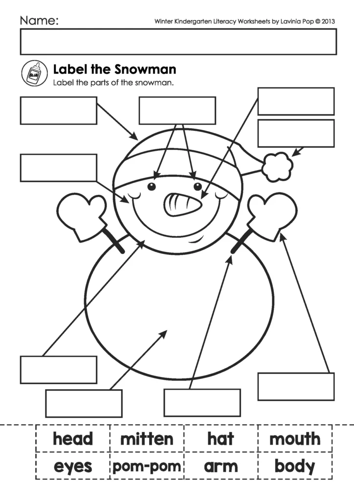 Winter Kindergarten Literacy Worksheets Label the Snowman Activity