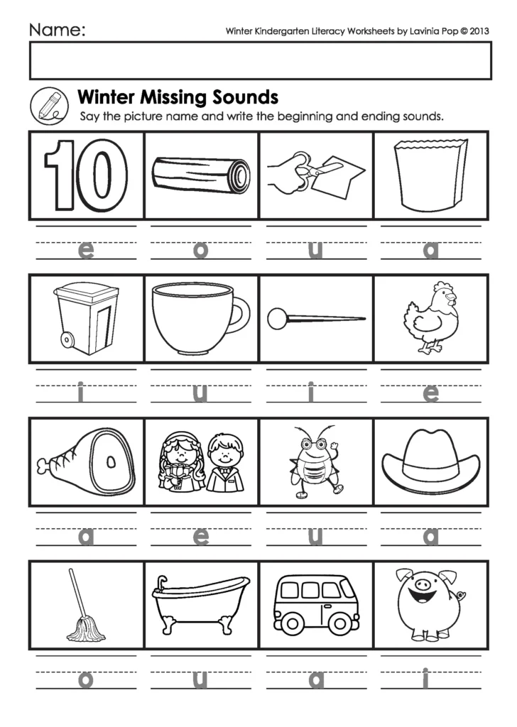 Winter Kindergarten Literacy Worksheets missing sounds activity where students write beginning and ending sounds for CVC words using picture clues