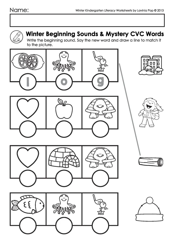 Winter Kindergarten Literacy Worksheets beginning sounds and mystery CVC words activity using pictures to build and match words