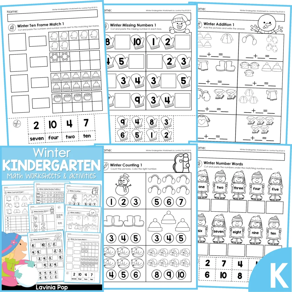 Winter Kindergarten Math Worksheets and Activities bundle with counting, addition, ten frames, number order, and graphing pages