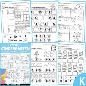 Winter Kindergarten Math Worksheets and Activities bundle with counting, addition, ten frames, number order, and graphing pages