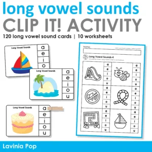 Long Vowel Sounds Clip Cards and Worksheets with picture cards and phonics worksheets for long vowel sound practice