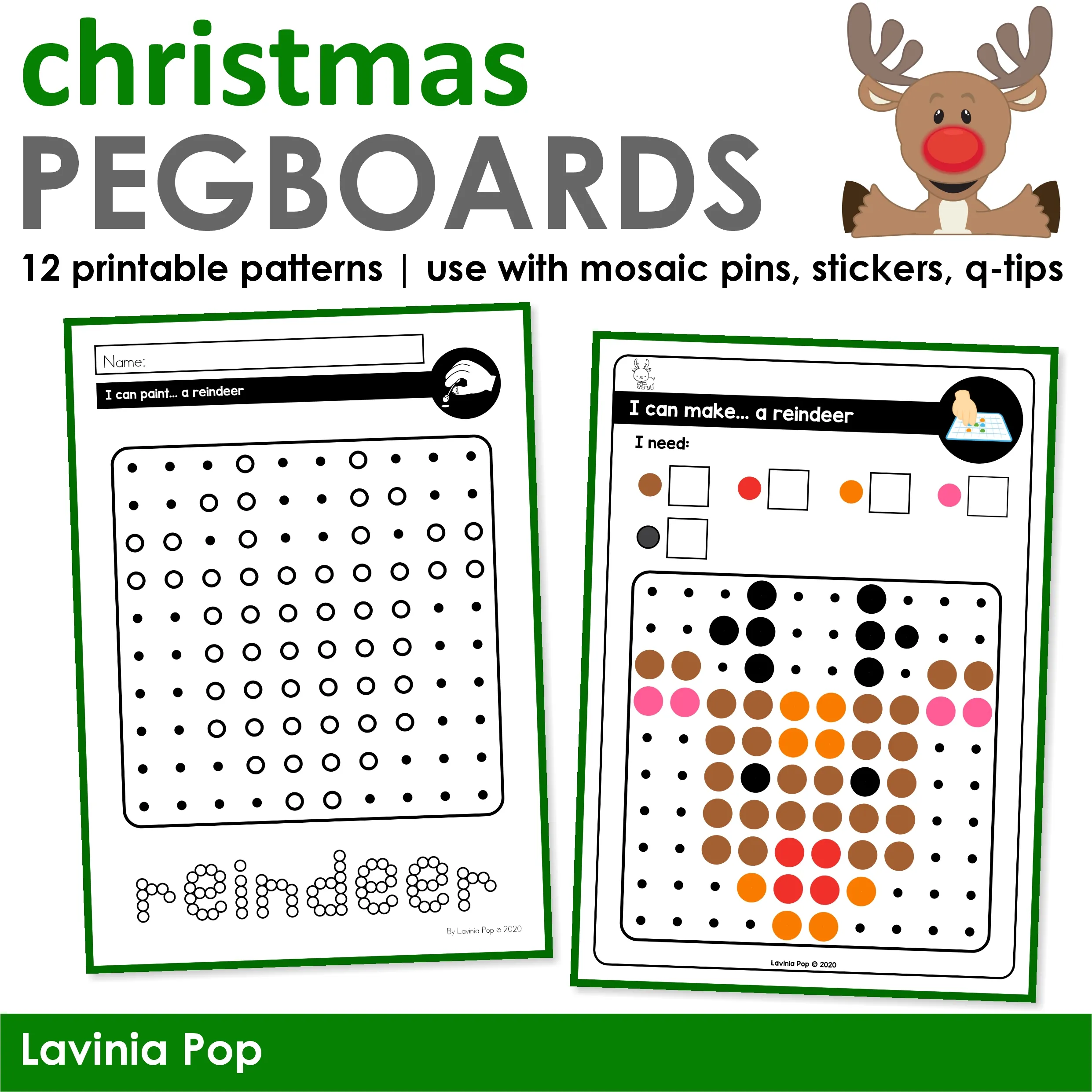 Christmas Pegboards Reindeer Dot Templates and Pattern Guide Christmas Pegboards reindeer dot template and completed mosaic pin guide displayed together for fine motor Christmas activities.