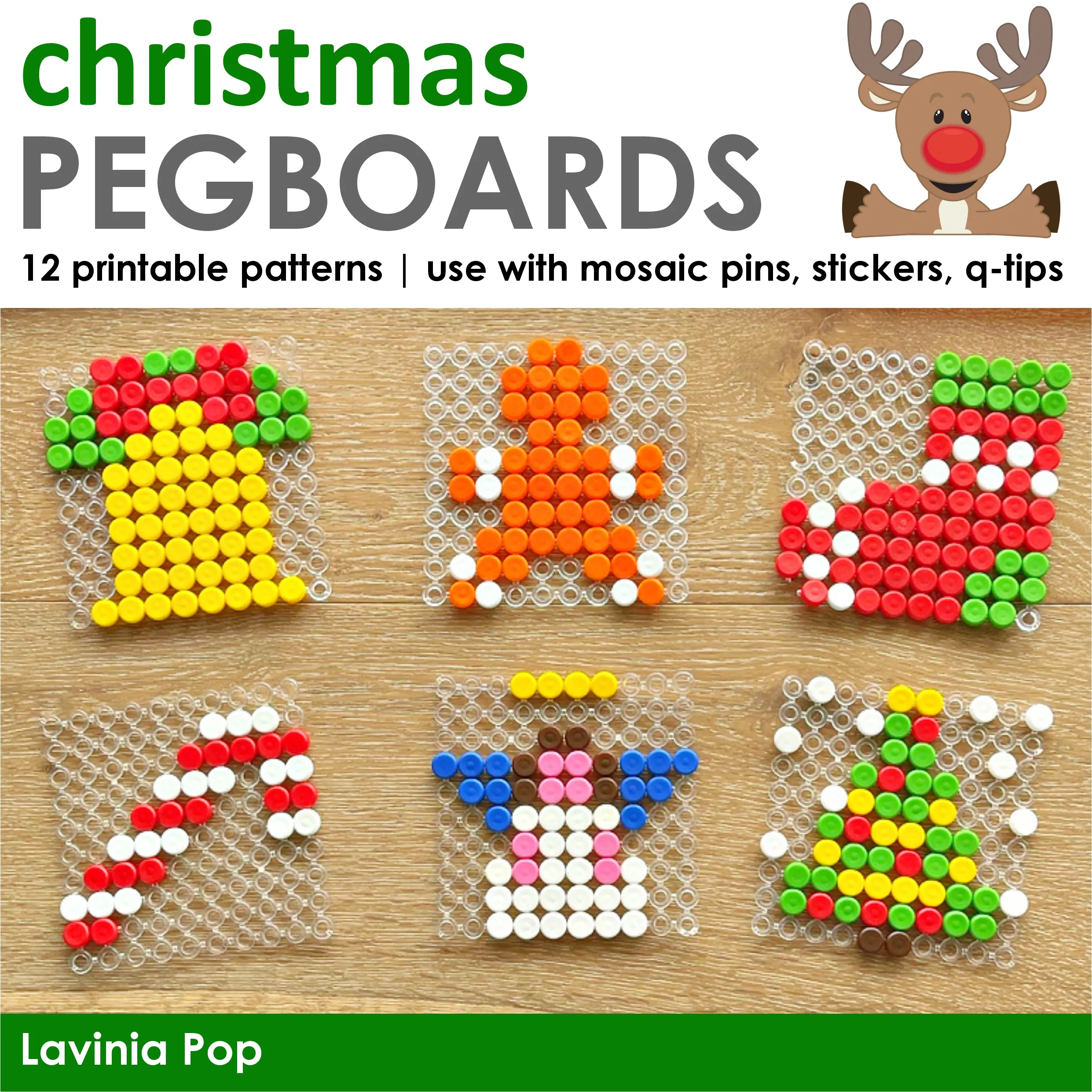 Christmas Pegboards Mosaic Pin Patterns Set 1 Christmas Pegboards mosaic pin designs including bell, gingerbread, stocking, candy cane, angel, and Christmas tree created with colorful mosaic pins.