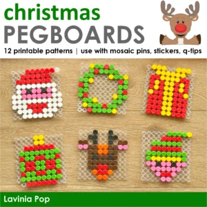 Christmas Pegboards mosaic pin designs including Santa, wreath, present, ornament, reindeer, and bauble arranged on clear pegboards.