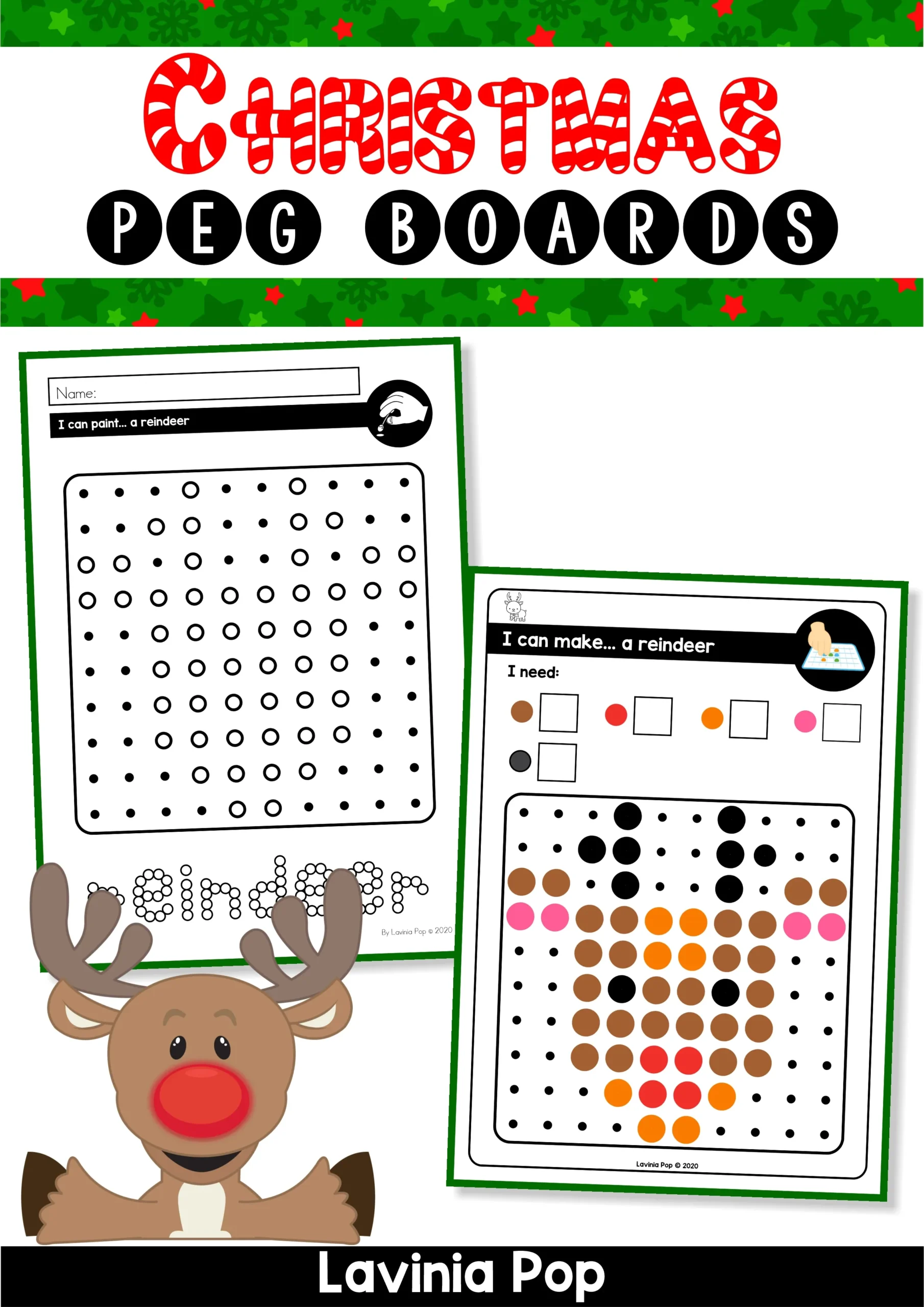 Christmas Pegboards Reindeer Printable Fine Motor Activity Christmas Pegboards cover page featuring the reindeer pattern with a blank dot template and a full color mosaic pin guide for fine motor practice.