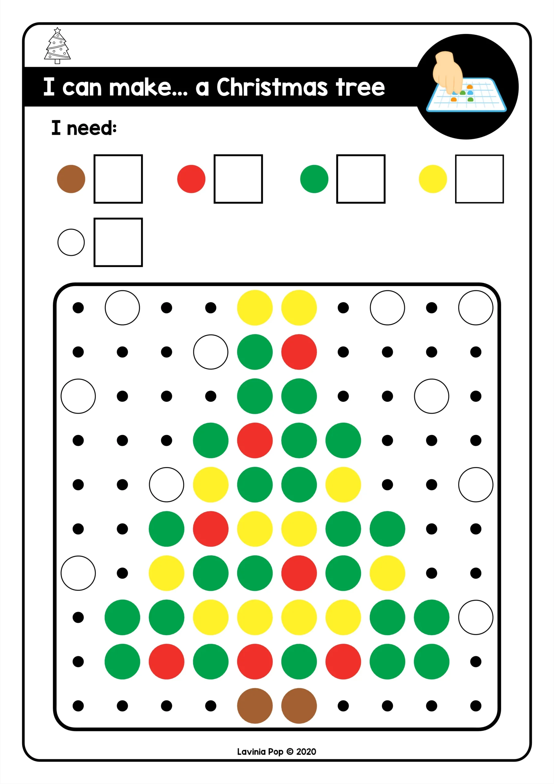 Christmas Pegboards Christmas Tree Mosaic Pin Pattern Christmas Pegboards printable Christmas tree pattern with colored dots for building the design using mosaic pins, stickers, or q tips.