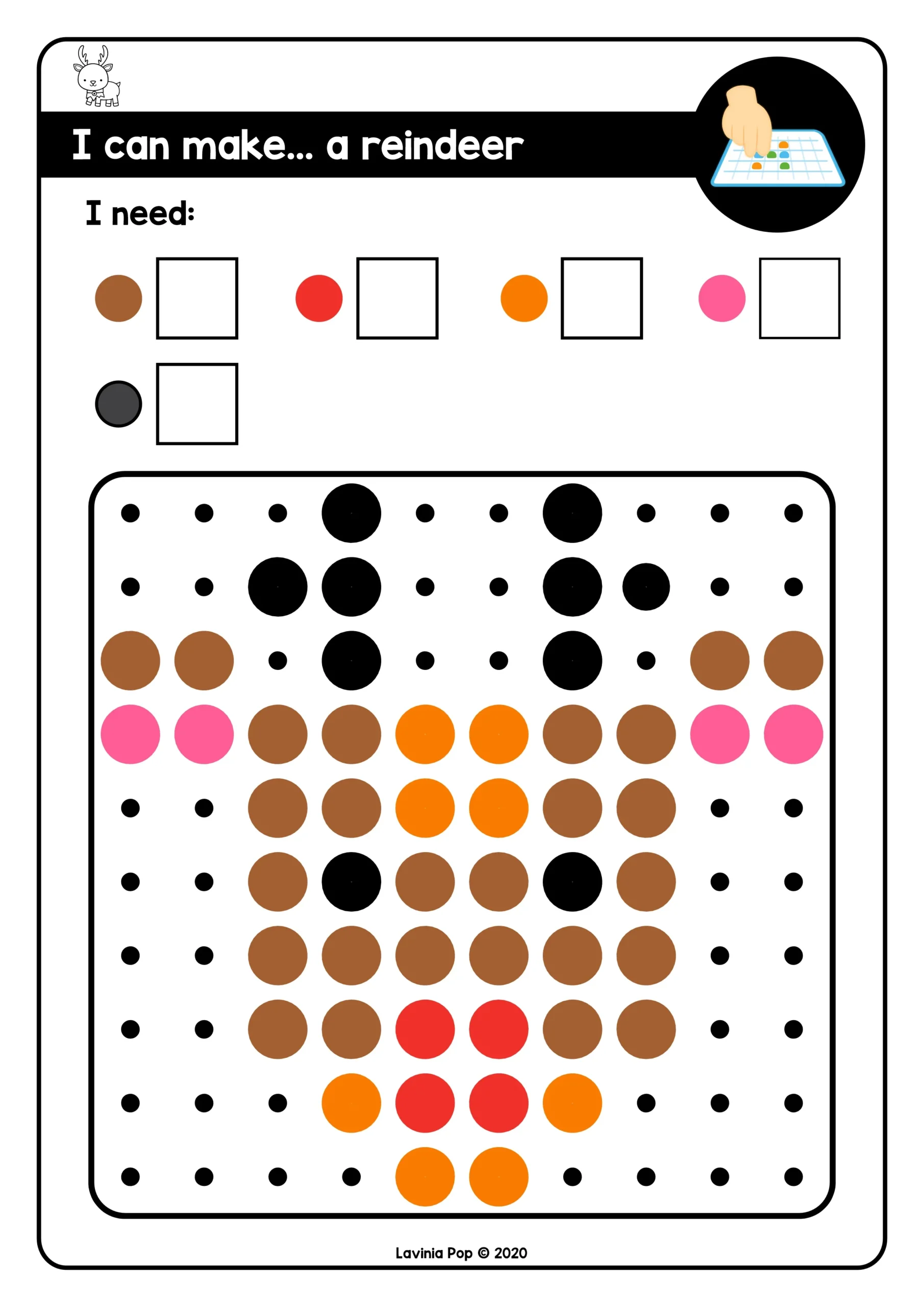 Christmas Pegboards Reindeer Mosaic Pin Pattern Christmas Pegboards printable reindeer pattern with colored dots for building the design using mosaic pins, stickers, or loose parts.