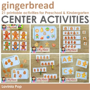 Gingerbread Centers for Preschool with 21 printable gingerbread activities for matching, sorting, patterns, letters, and early learning skills