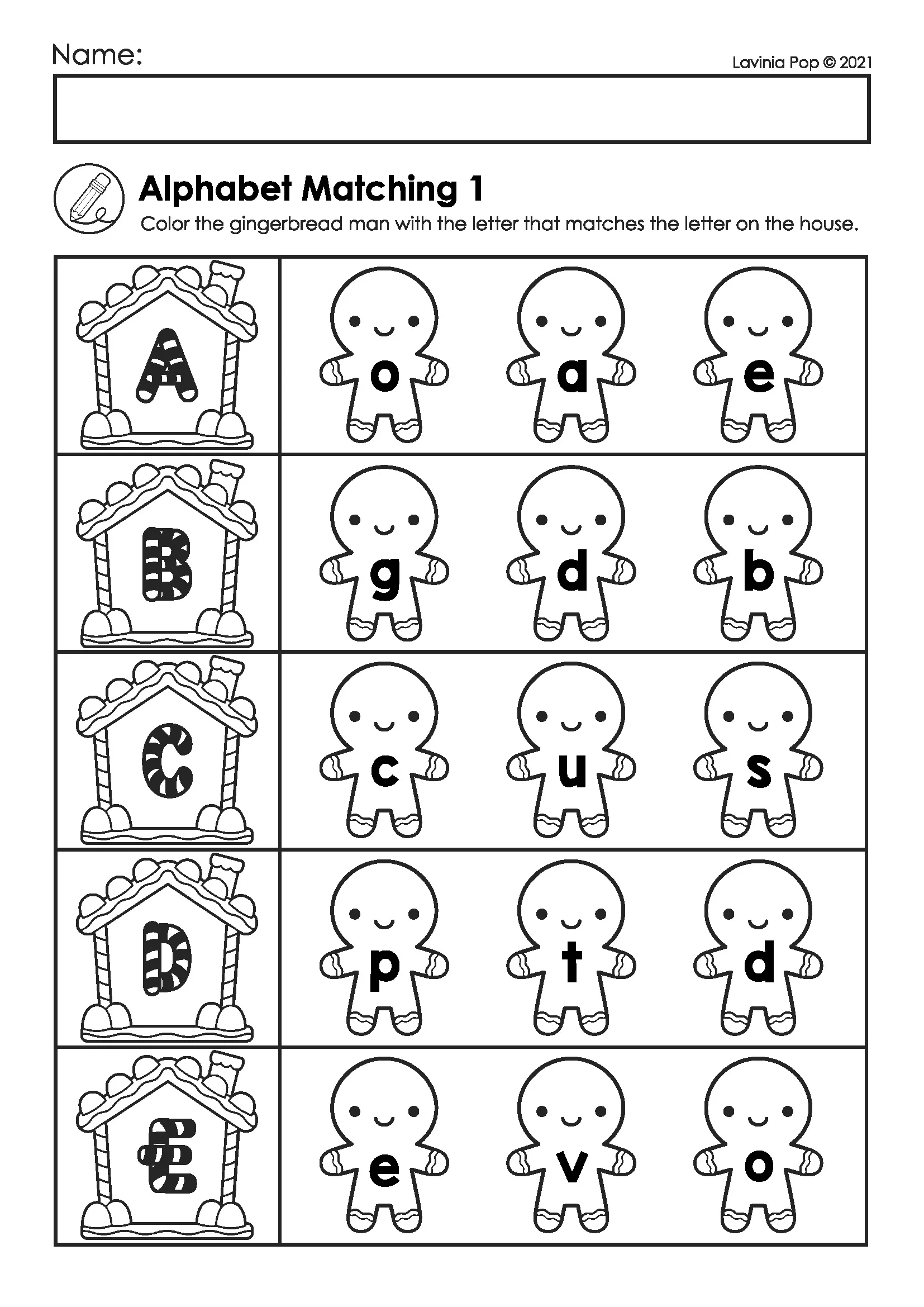 Gingerbread Preschool Worksheets Alphabet Matching Activity Gingerbread preschool worksheets alphabet matching page with gingerbread houses and lowercase letters for children to color the matching letter