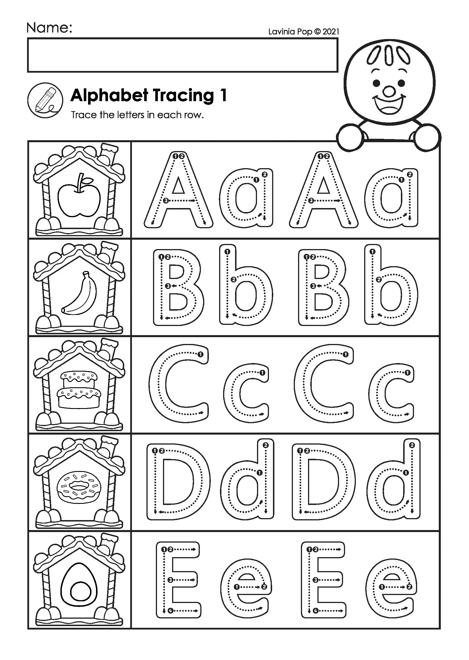 Gingerbread Preschool Worksheets Alphabet Tracing Practice Gingerbread preschool worksheets alphabet tracing page with uppercase and lowercase letters A to E and gingerbread themed letter houses
