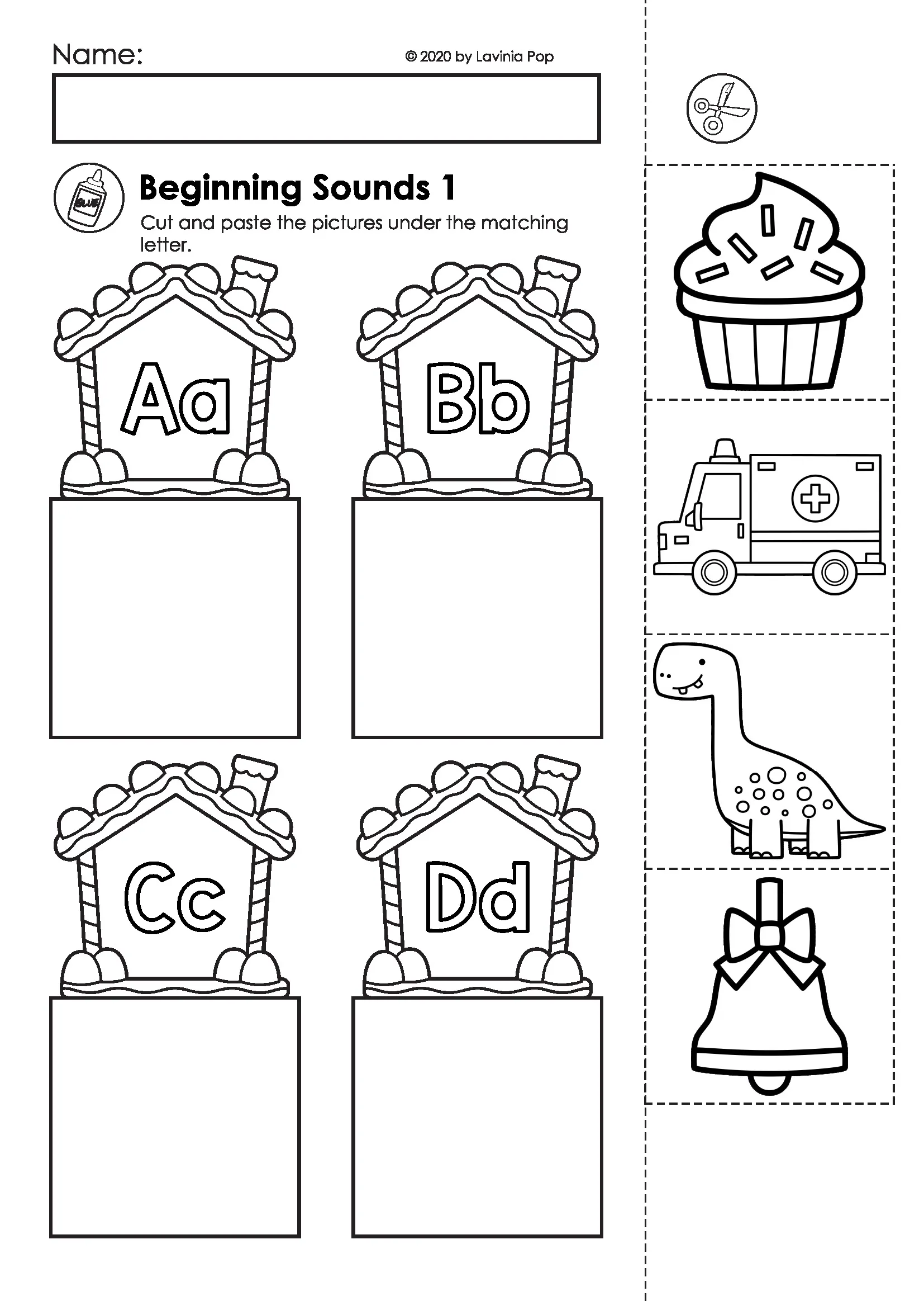 Gingerbread Preschool Worksheets Beginning Sounds Cut and Paste Gingerbread preschool worksheets beginning sounds activity with cut and paste pictures for letters A B C and D