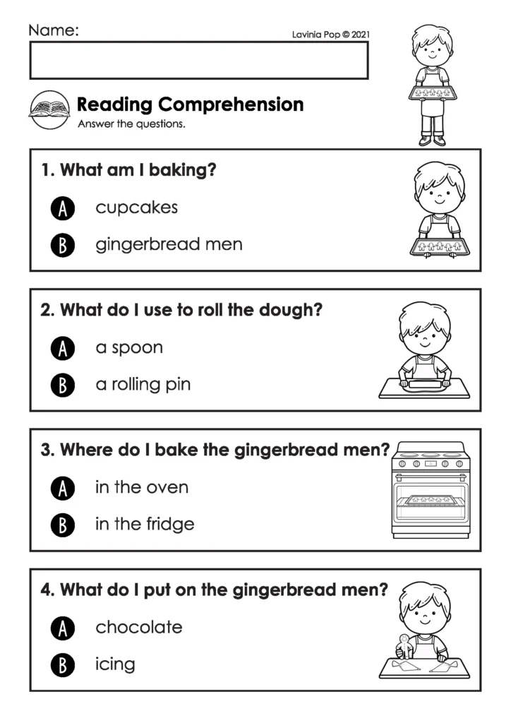 Gingerbread preschool worksheets reading comprehension page with four picture supported multiple choice questions about baking gingerbread men
