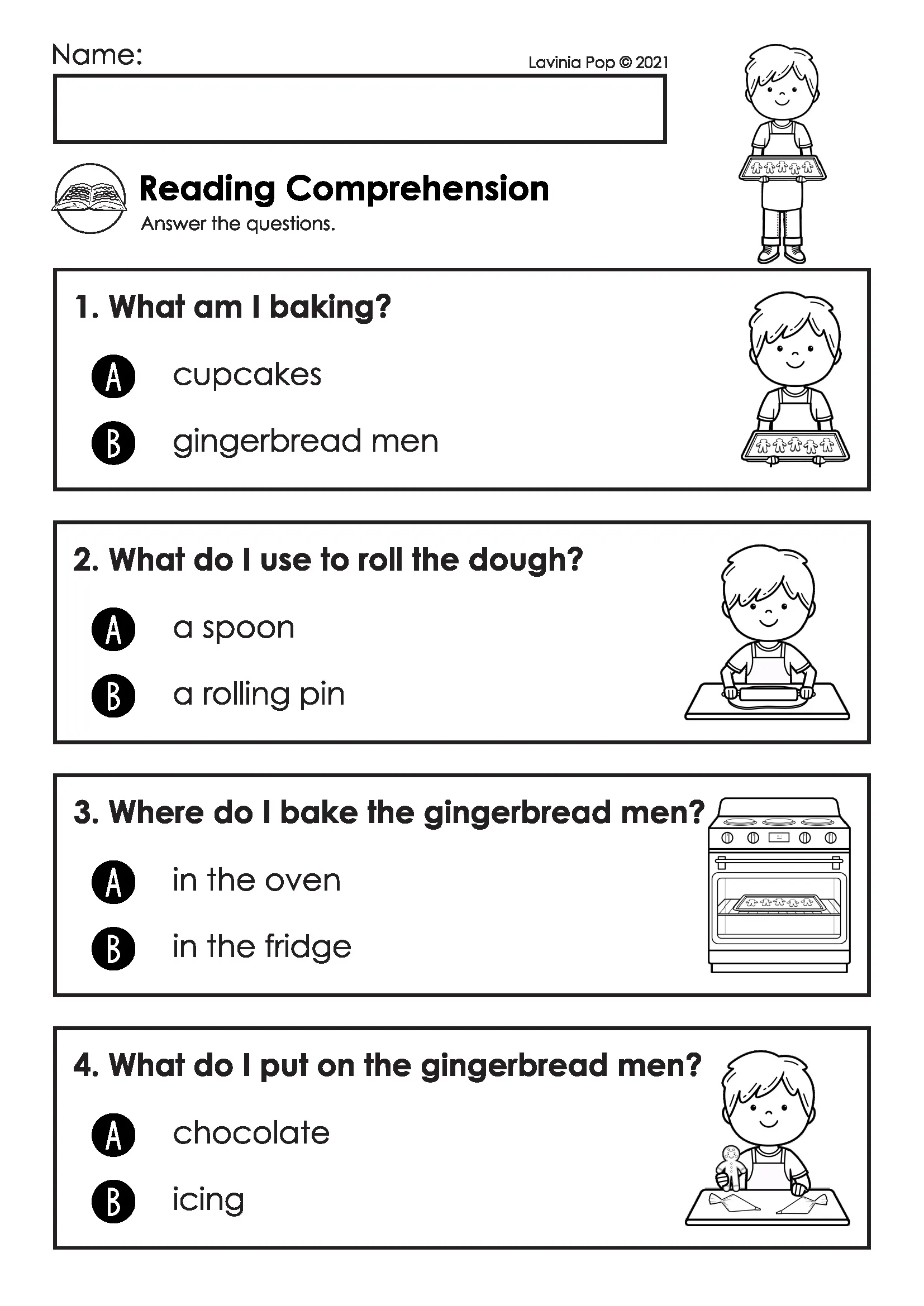 Gingerbread Preschool Worksheets Reading Comprehension Activity Gingerbread preschool worksheets reading comprehension page with four picture supported multiple choice questions about baking gingerbread men