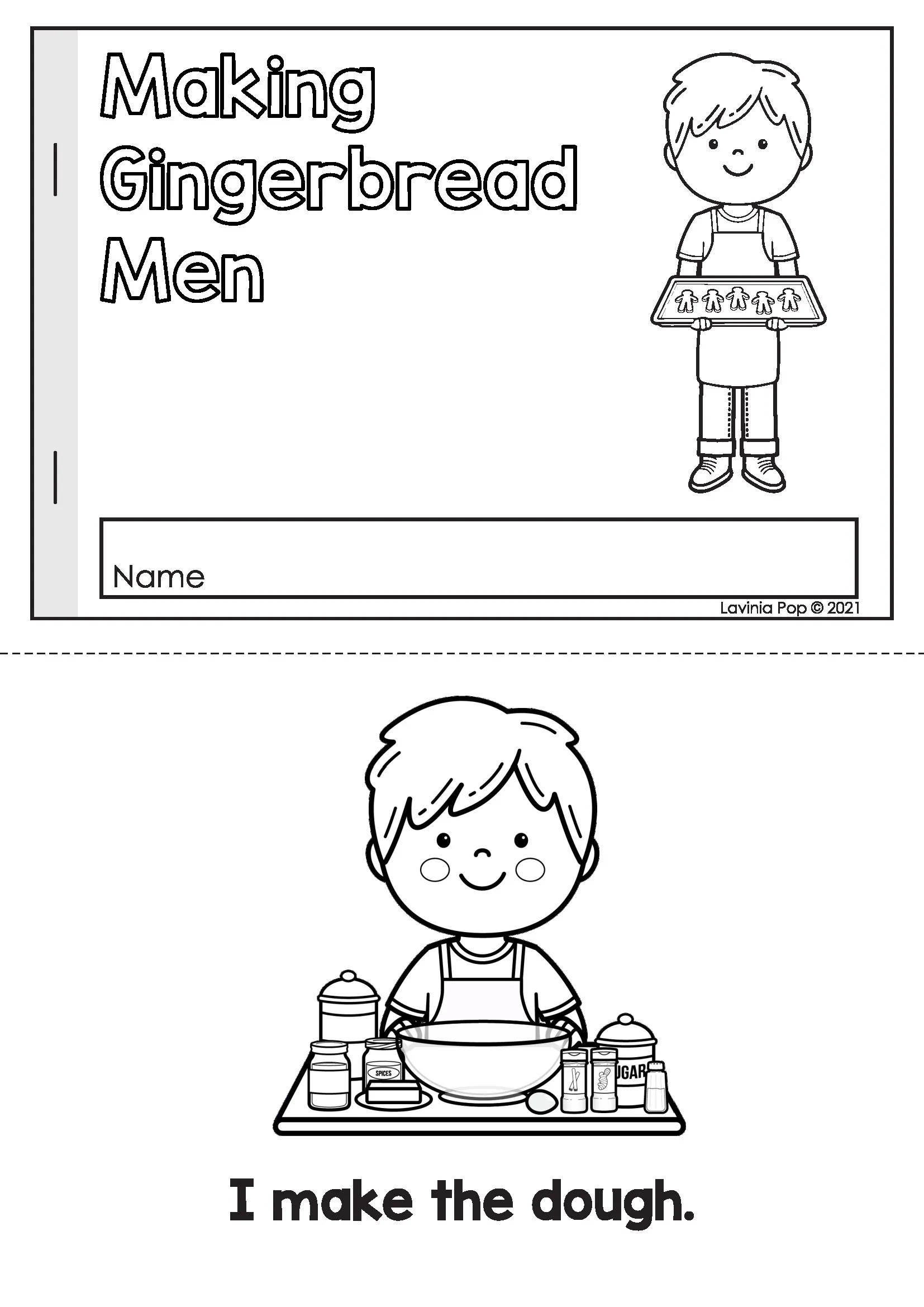 Gingerbread Preschool Worksheets Emergent Reader Making Gingerbread Men Gingerbread preschool worksheets emergent reader cover and first page titled Making Gingerbread Men with simple sentence I make the dough