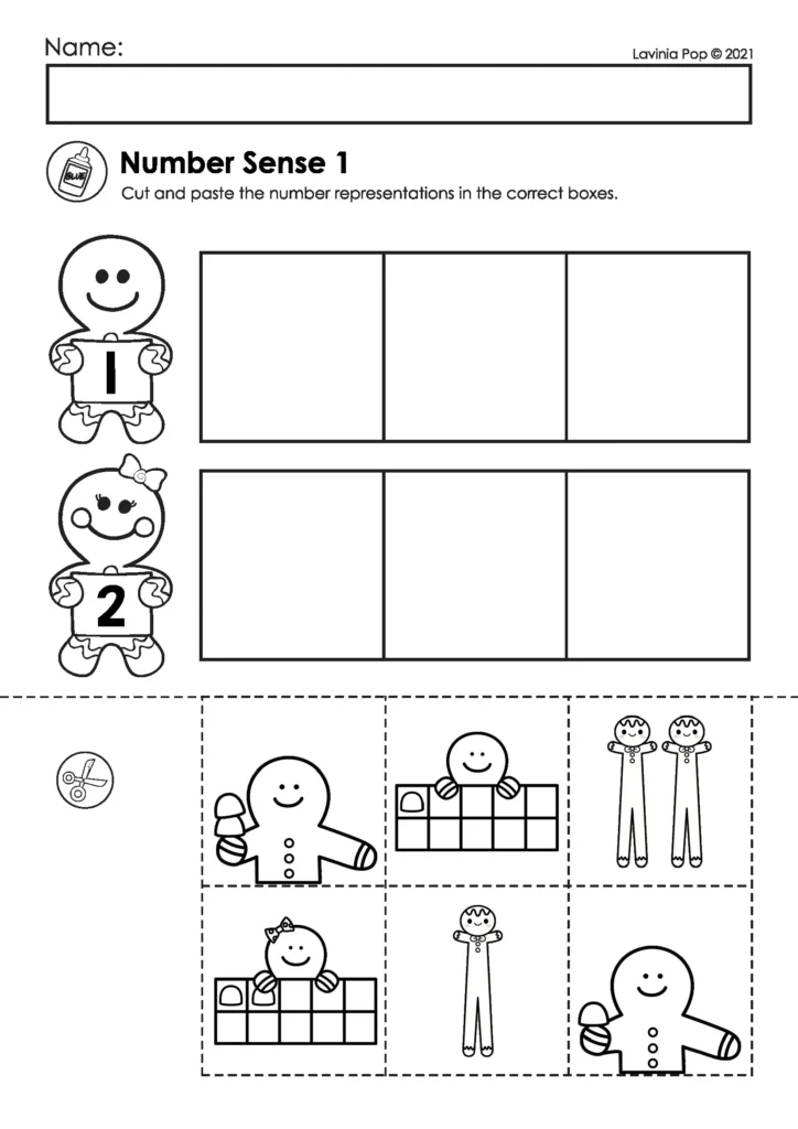 Gingerbread preschool worksheets number sense activity for numbers 1 and 2 with cut and paste number representations