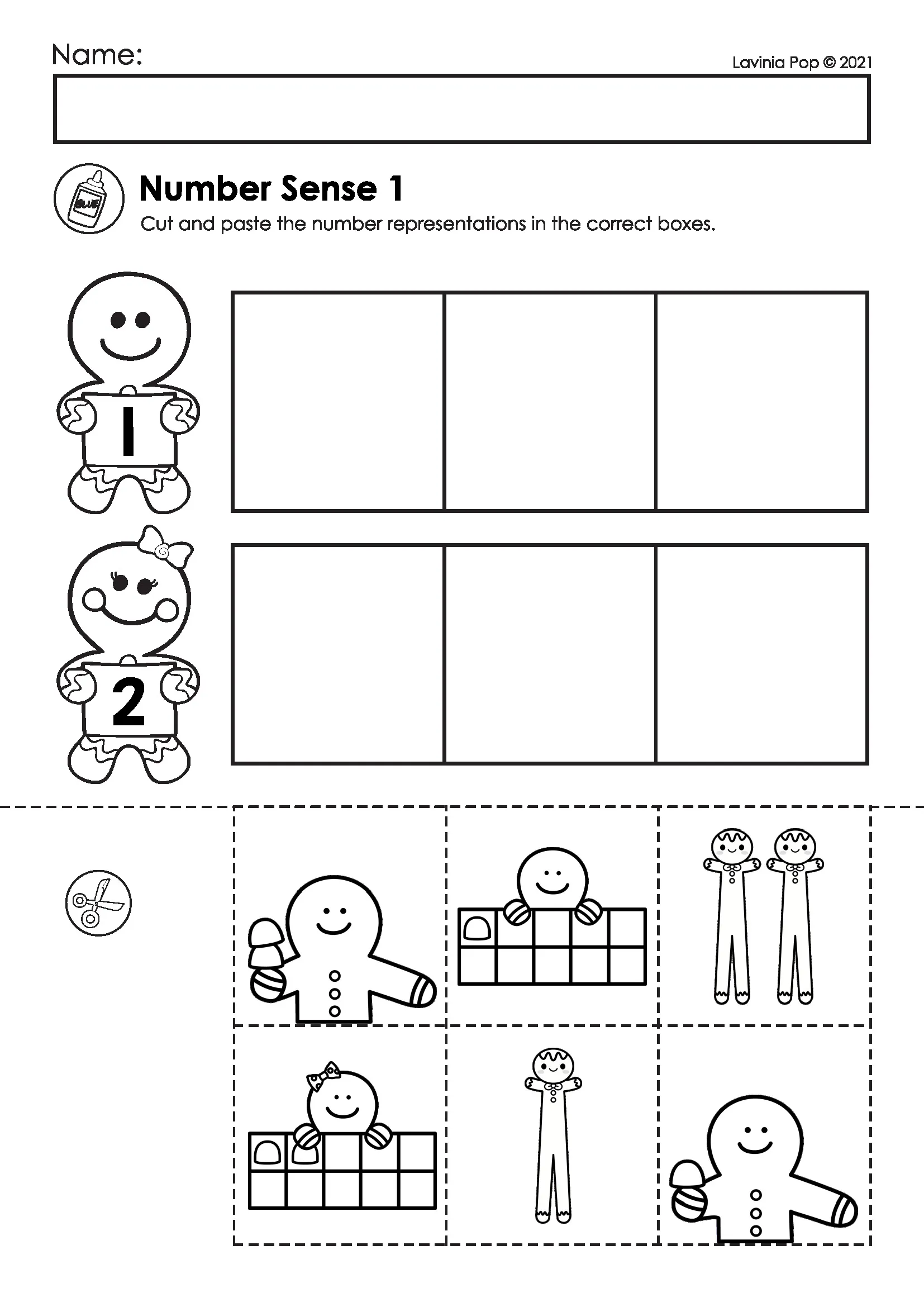 Gingerbread Preschool Worksheets Number Sense Cut and Paste Gingerbread preschool worksheets number sense activity for numbers 1 and 2 with cut and paste number representations
