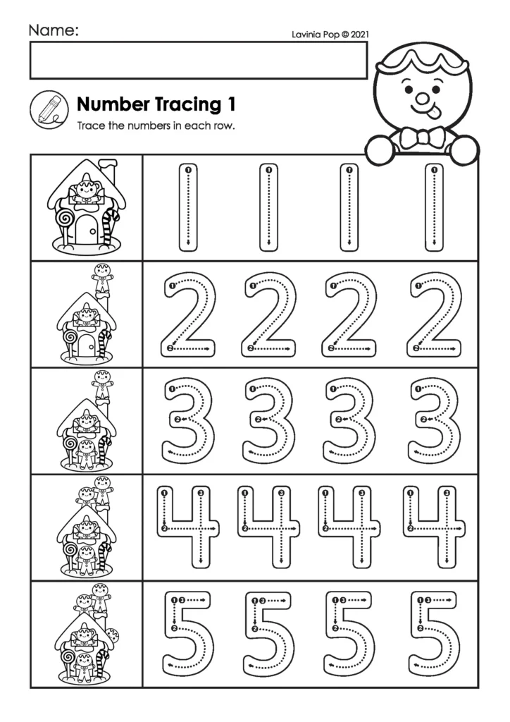 Gingerbread preschool worksheets number tracing page for numbers 1 to 5 with gingerbread house illustrations