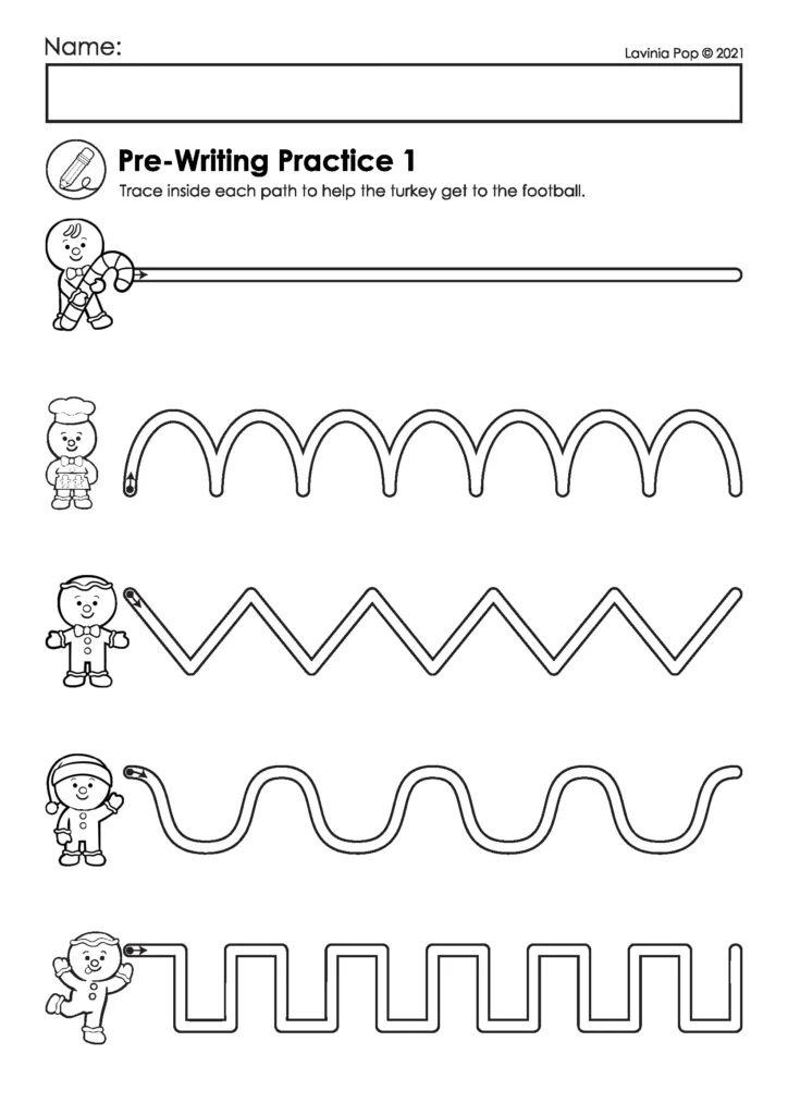 Gingerbread preschool worksheets pre writing practice page with tracing paths including straight curved zigzag and wave lines