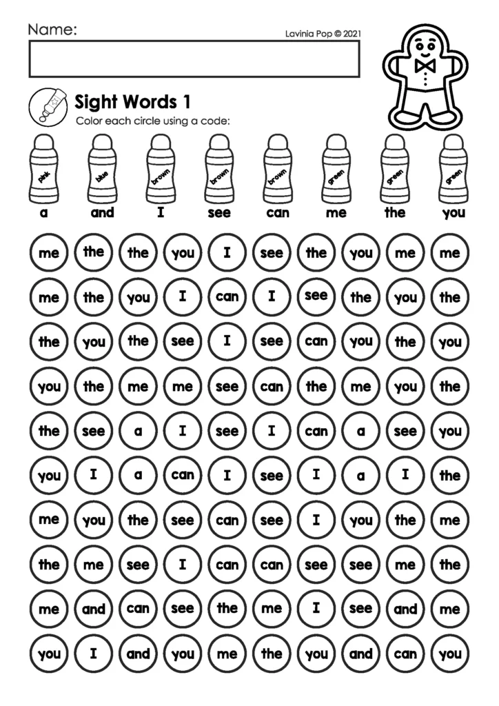 Gingerbread preschool worksheets sight word coloring page using color code for early sight words like a and I see can me the you