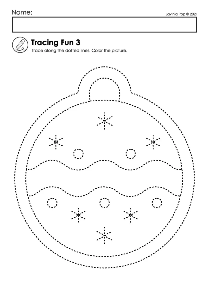 Gingerbread preschool worksheets tracing page with large ornament outline and dotted lines for children to trace and color