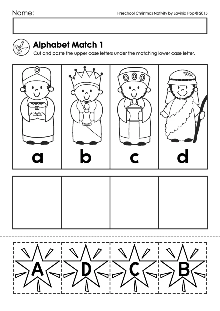 Alphabet matching worksheet from the Christmas Nativity Preschool Worksheets packet where children cut and paste uppercase letters to match lowercase letters.