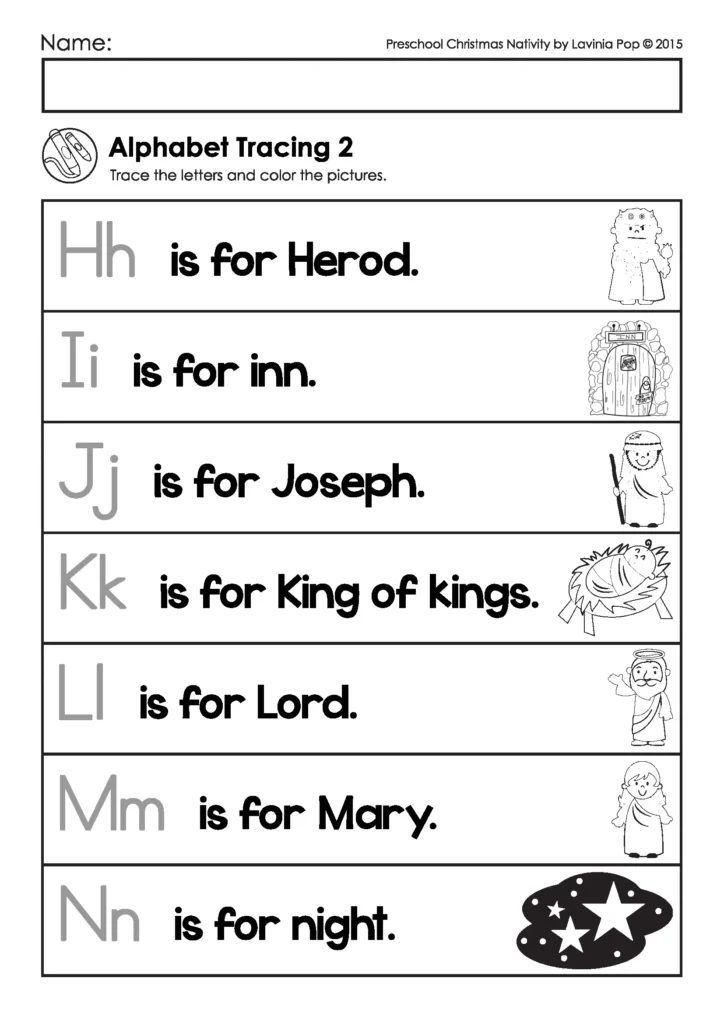 Alphabet tracing worksheet from the Christmas Nativity Preschool Worksheets packet featuring letters H to N with Nativity themed vocabulary.