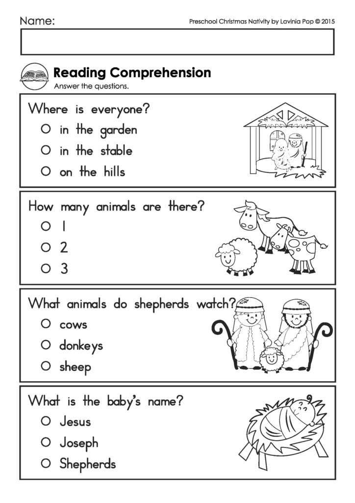 Reading comprehension worksheet from the Christmas Nativity Preschool Worksheets packet with multiple choice questions about the Nativity story.