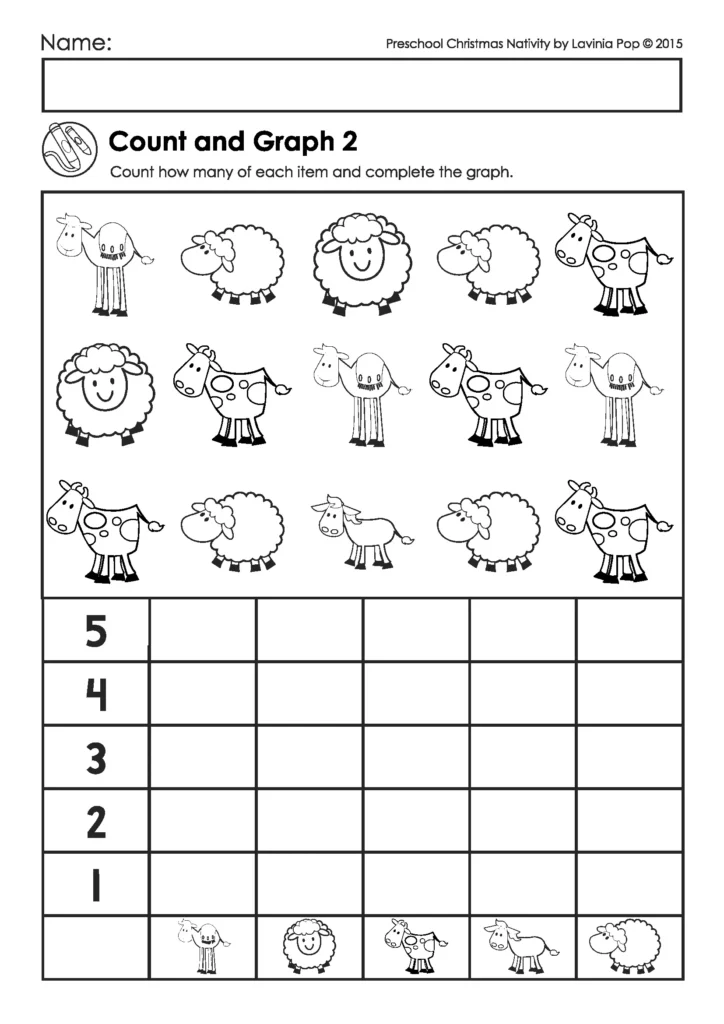 Count and graph worksheet from the Christmas Nativity Preschool Worksheets packet where children count Nativity themed pictures and color the graph.