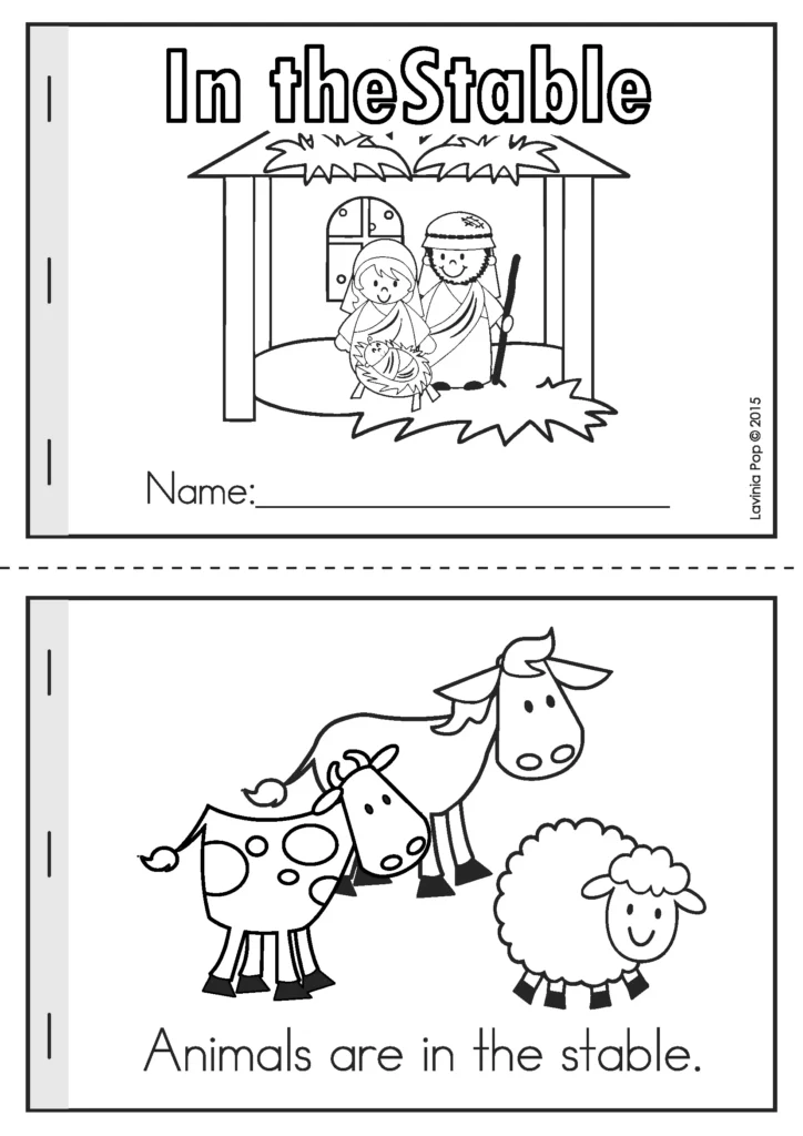 “In the Stable” emergent reader page from the Christmas Nativity Preschool Worksheets packet featuring Nativity animals and simple text.