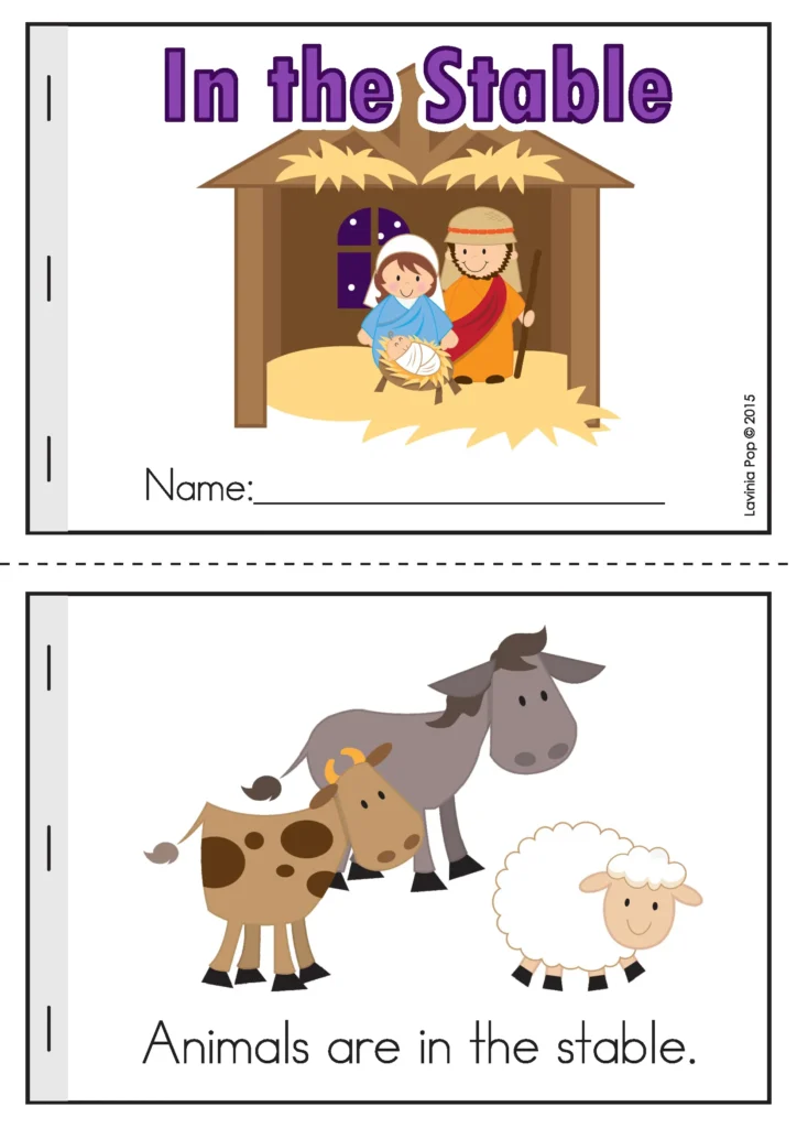 “In the Stable” emergent reader page from the Christmas Nativity Preschool Worksheets packet featuring Nativity animals and simple text.