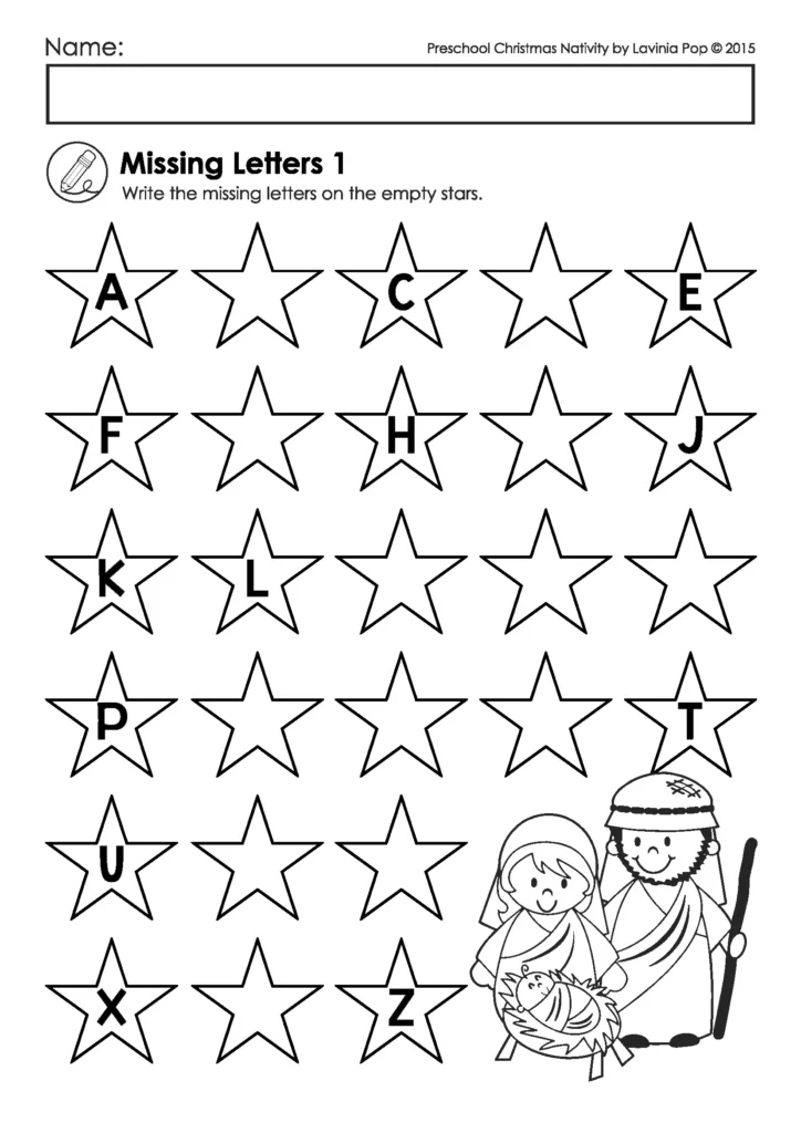 Missing letters worksheet from the Christmas Nativity Preschool Worksheets packet where children write letters in empty star shapes.