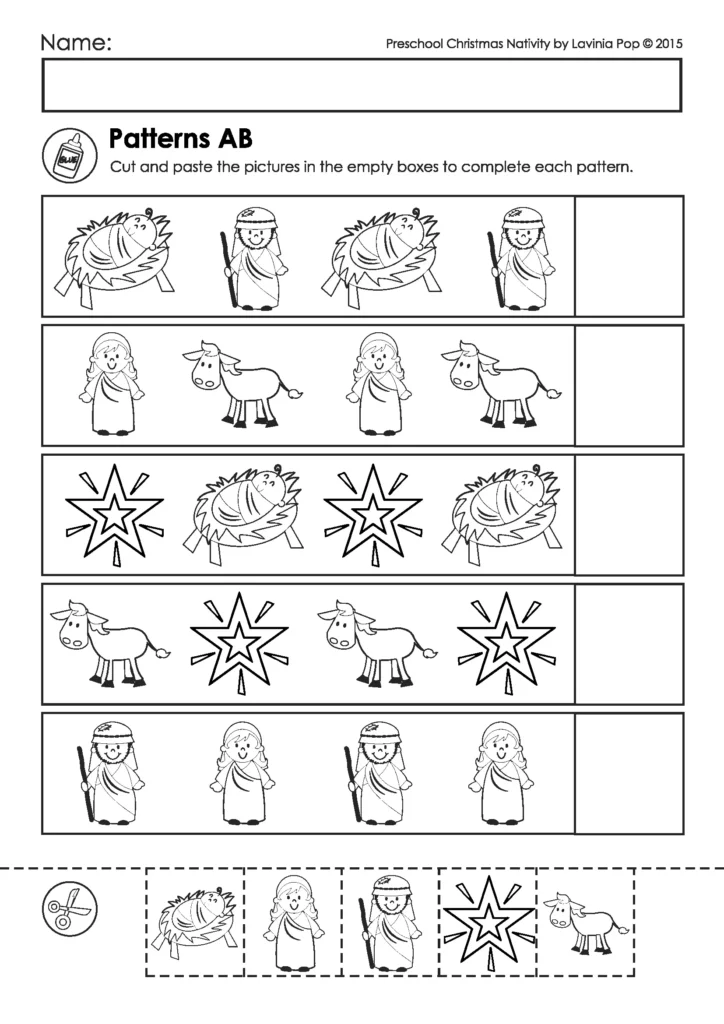 Patterns worksheet from the Christmas Nativity Preschool Worksheets packet where children cut and paste Nativity themed pictures to complete AB patterns.