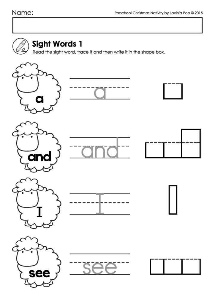 Sight word worksheet from the Christmas Nativity Preschool Worksheets packet with trace and write practice for a, and, I, and see.