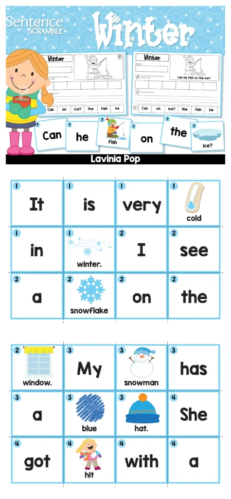 Winter Sentence Scramble Pocket Chart Activity word and picture cards organized by sentence number for building winter themed sentences
