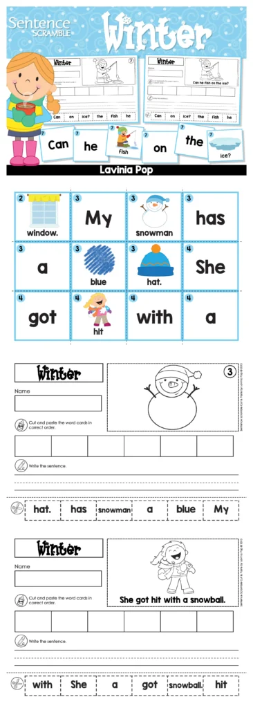 Winter Sentence Scramble Pocket Chart Activity cut and paste sentence worksheets with sentence writing practice for early literacy