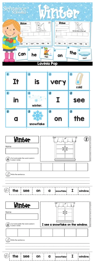 Winter Sentence Scramble Pocket Chart Activity sentence worksheet with winter vocabulary, word order practice, and sentence writing lines