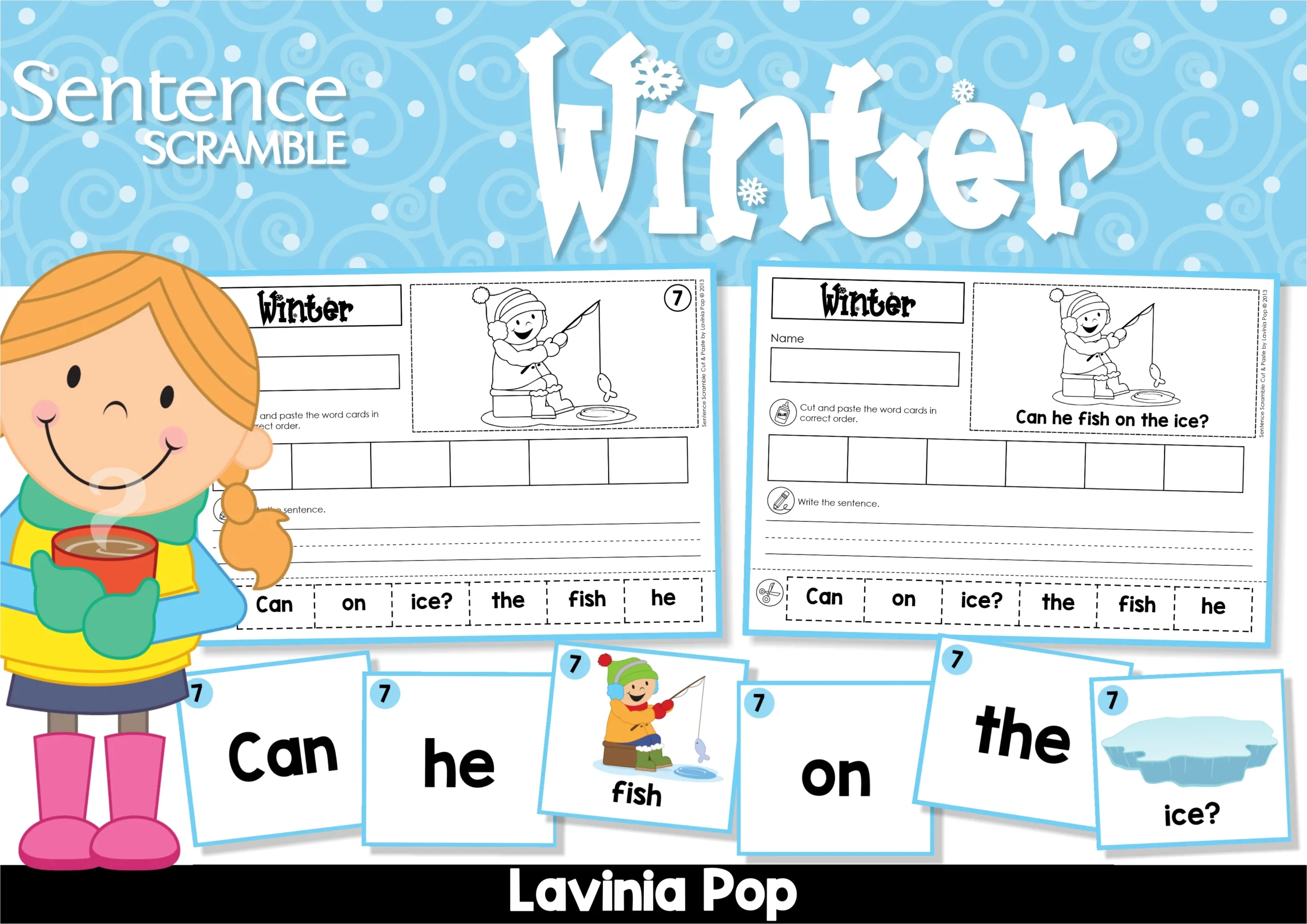Winter Sentence Scramble Pocket Chart Activity Cover and Center Overview Winter Sentence Scramble Pocket Chart Activity pocket chart cards and differentiated cut and paste sentence worksheets for Kindergarten and Grade 1