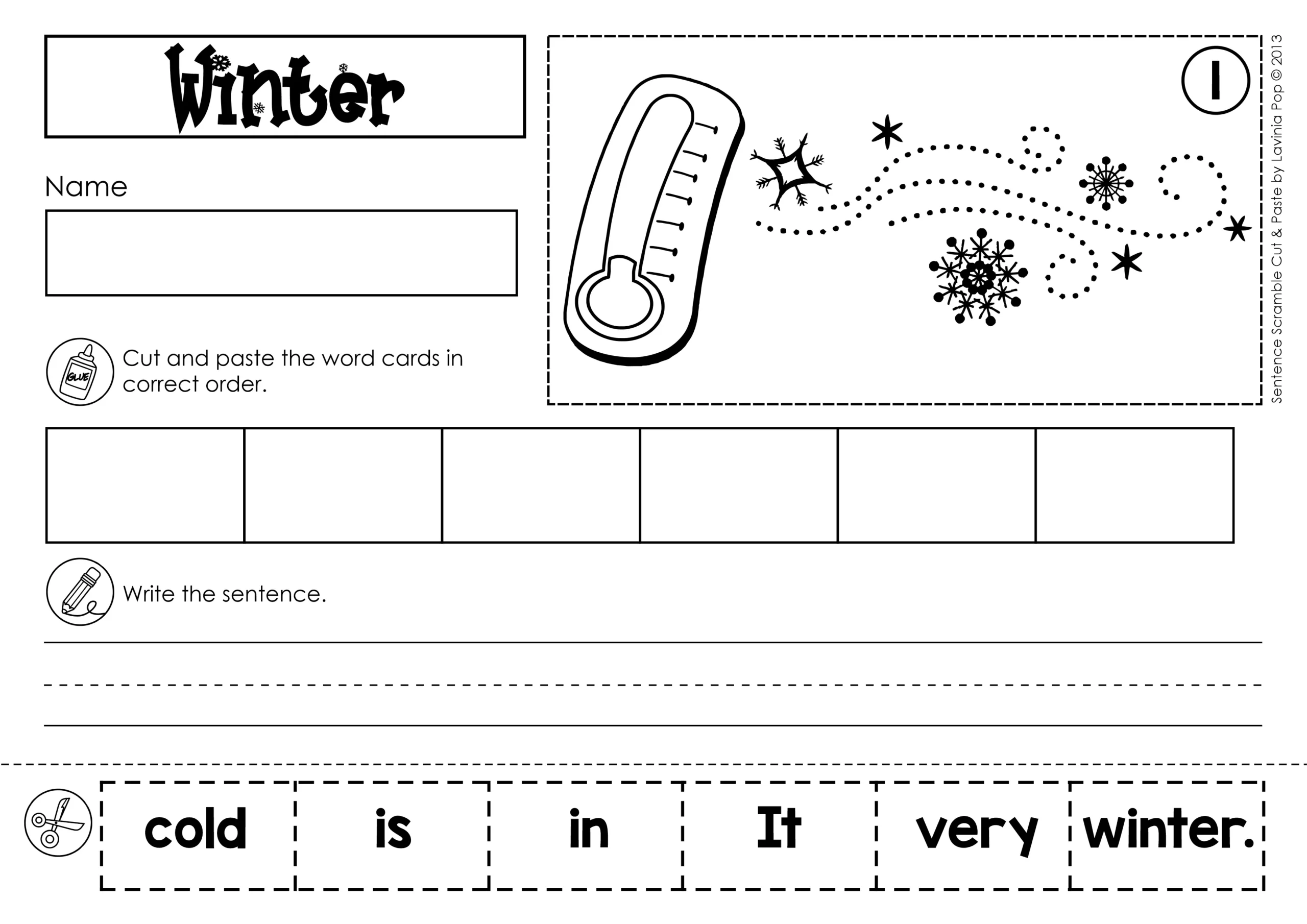 Winter Sentence Scramble Pocket Chart Activity Winter Sentence Cut and Paste Page Winter Sentence Scramble Pocket Chart Activity cut and paste sentence worksheet focusing on winter vocabulary and sentence structure
