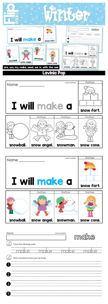 Winter sight word activities free flip book using the sentence I will make a with picture word cards and a matching sight word writing worksheet