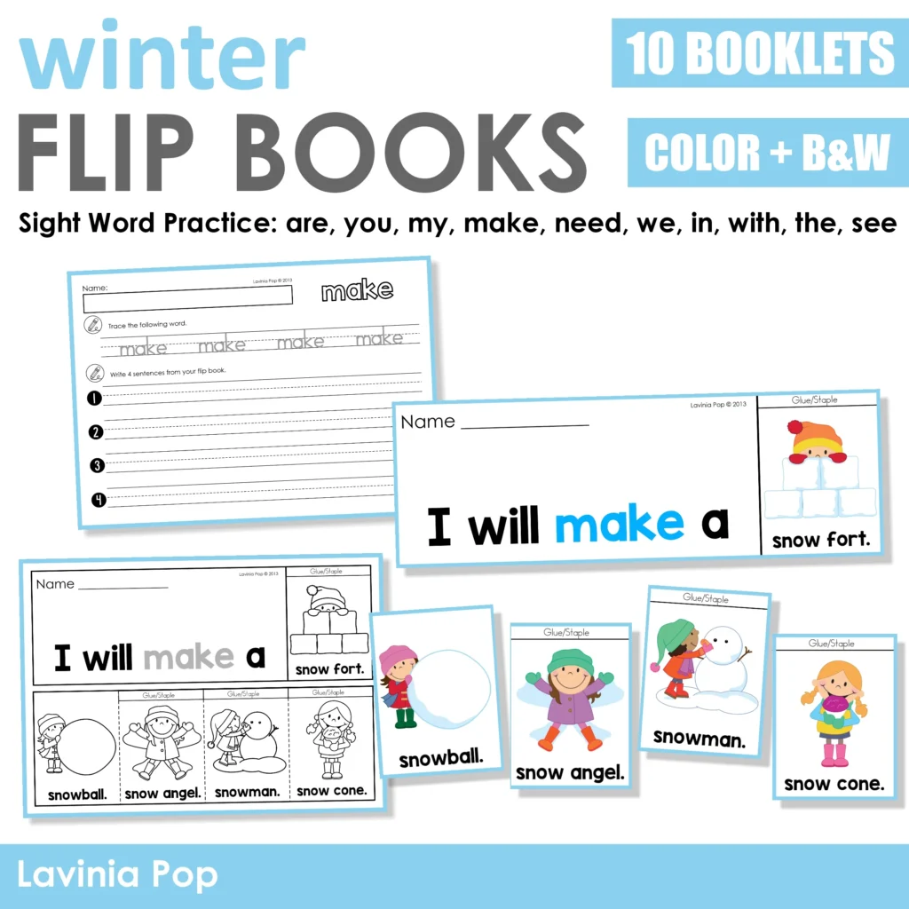 Winter Sight Word Fluency Flip Books with color and black and white flip books plus matching sight word tracing and sentence writing worksheets