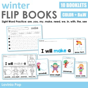 Winter Sight Word Fluency Flip Books with color and black and white flip books plus matching sight word tracing and sentence writing worksheets