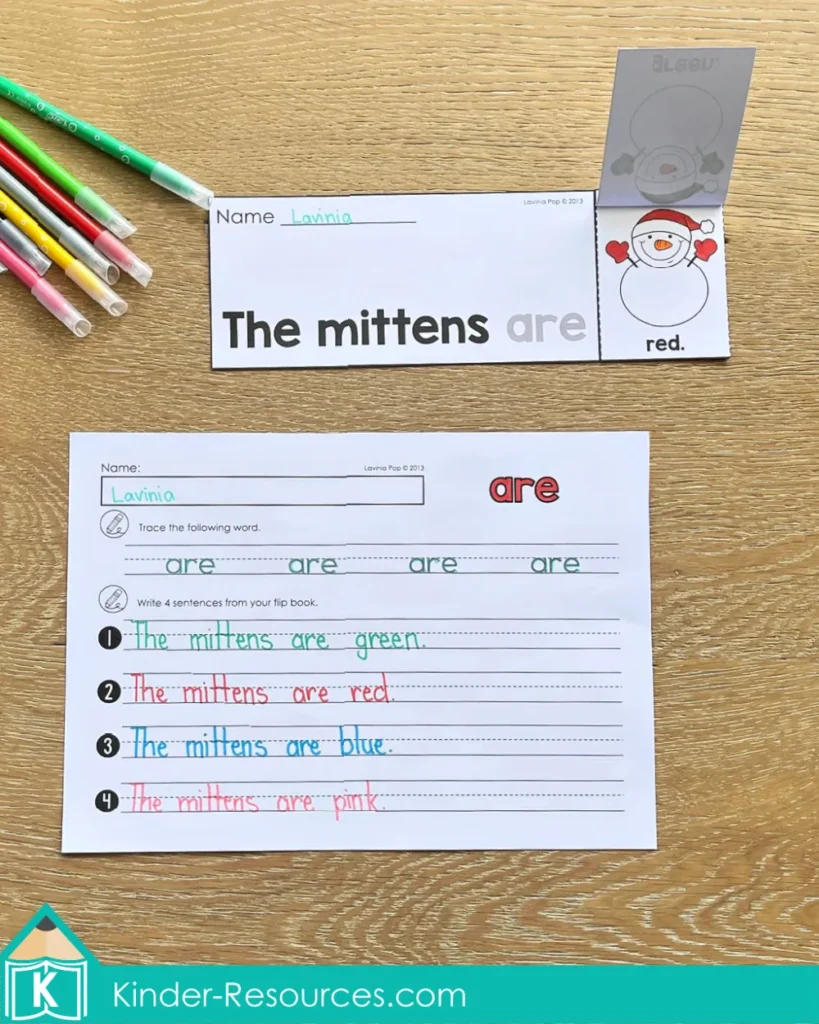 Winter Sight Word Fluency Flip Books mittens are sentence flip book with matching sight word tracing and sentence writing worksheet