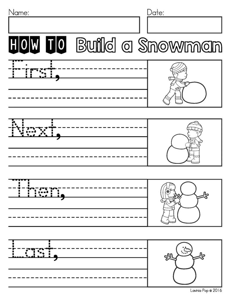 January Writing Journal Prompts procedural writing page with step by step snowman building pictures and guided handwriting lines
