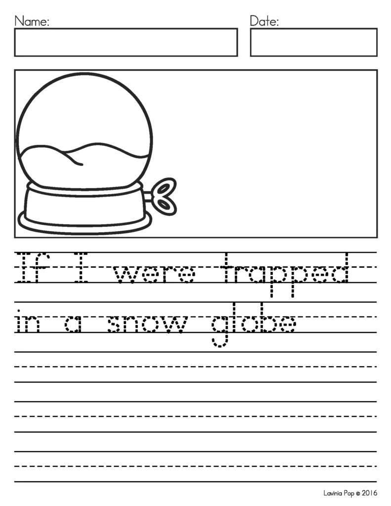 January Writing Journal Prompts narrative writing page with winter picture prompt and sentence starter for creative storytelling